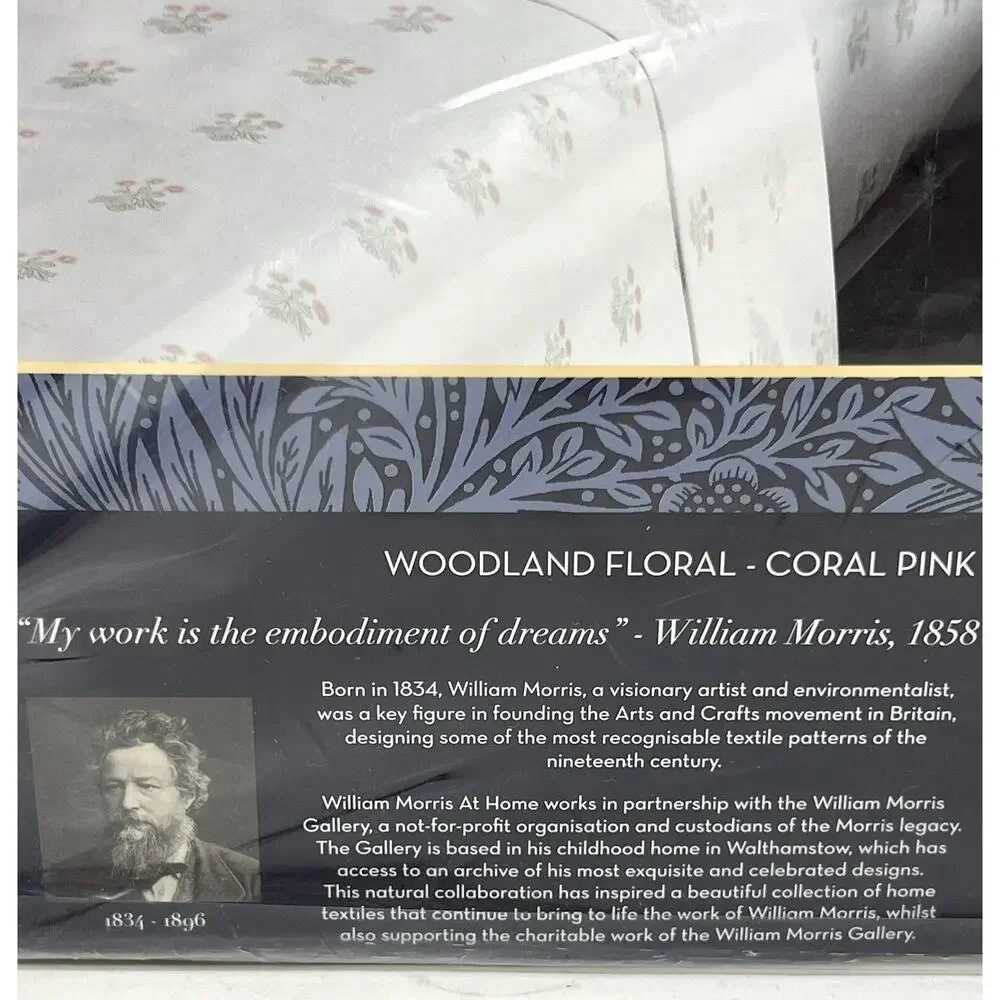 William Morris Woodland Floral Coral Pink King Sz Sheet Set Cotton Percale NIP